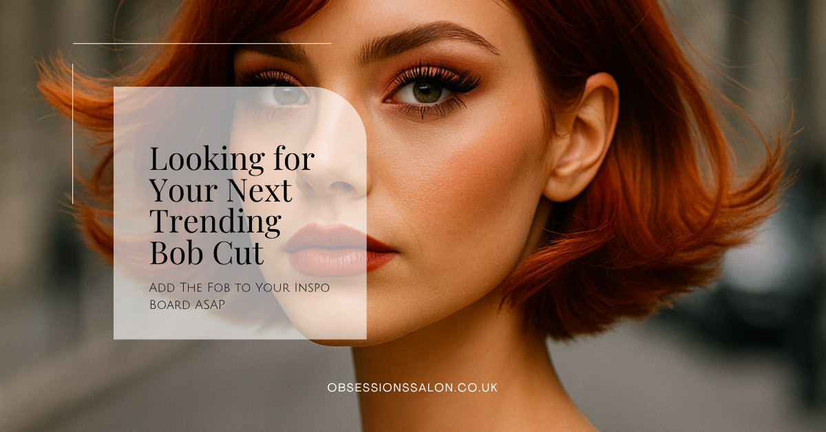 Woman with vibrant copper flipped bob hairstyle, wearing dramatic winged eyeliner, standing on a city street. Shot in natural light to showcase the trending FOB haircut of 2025.