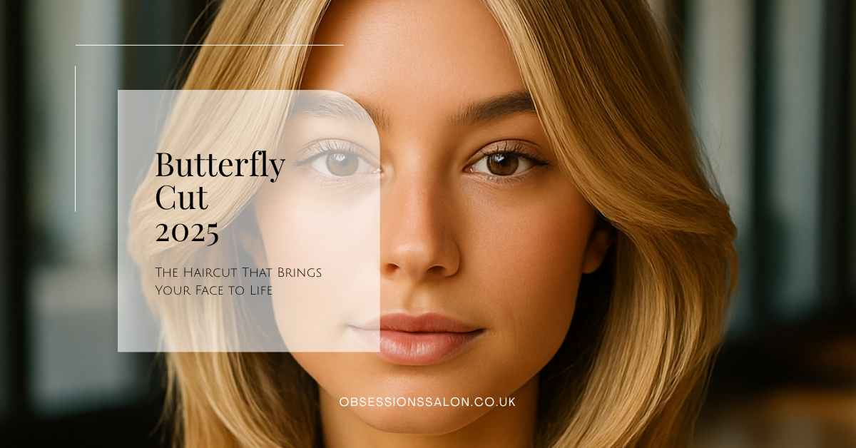 Blonde woman with fresh butterfly haircut at Obsessions Salon in Ramsgate, styled in soft layers with a clean finish, perfect for volume and movement