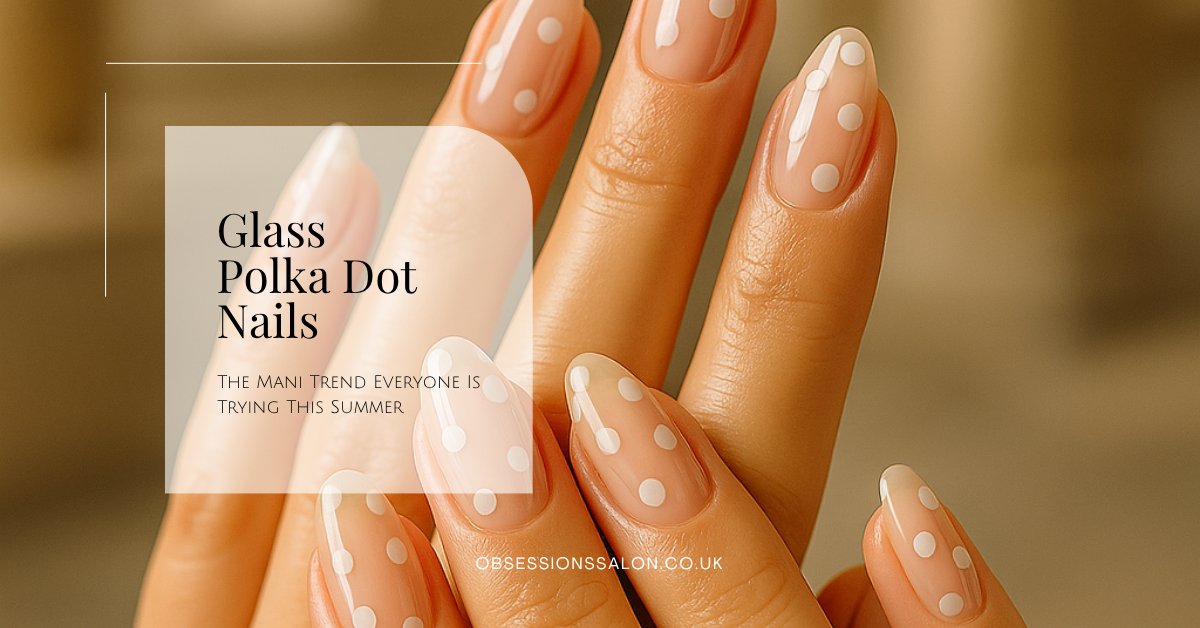 Close-up of gel glass polka dot nails, freshly manicured in a luxury Ramsgate salon